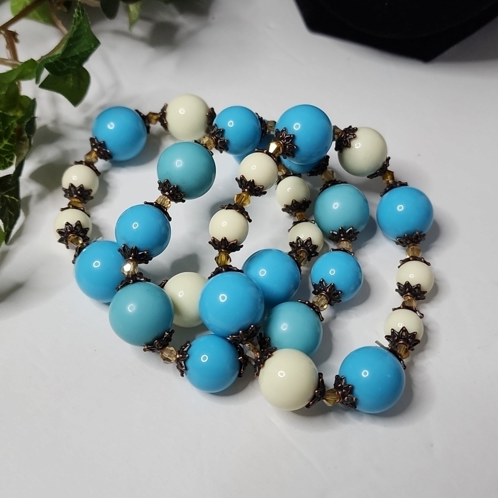 Set of 3 Stretch Bracelets Turquoise & Ivory Color Beads